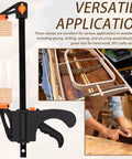 5 Pack 4 Inch One Handed Bar Clamps For Woodworking Quick Change F Clamp Set For Gluing Drilling Sawing And Securing Carpentry And DIY Projects With Soft Jaw Pads To Protect Wood Surfaces black steel clamp on wood