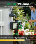 Oversized LCD Sprinkler Timer For Outdoor Hose Faucet, woman watering flowers, programmable, brass inlet, 3-inch display