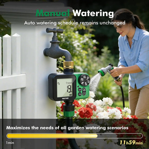 Oversized LCD Sprinkler Timer For Outdoor Hose Faucet, woman watering flowers, programmable, brass inlet, 3-inch display