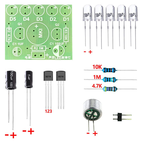 Components of Beginner Soldering Practice Kit With Sound Activated LED Effects Clear Labeled Components And Simple Layout