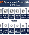 Image showing various SAE sizes and quantities of nuts from 2 In 1 SAE And Metric Hex Nut Set In Stainless Steel 510 Piece Nut Kit.