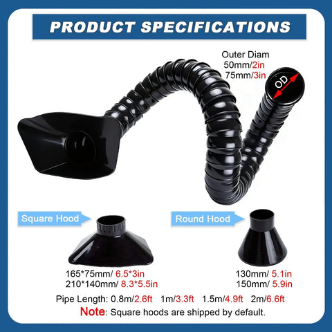 Pro Grade Solder Smoke Purifier Exhaust Pipe With 360 Degree Laser Fume Extractor And Bamboo Tube, 75mm OD By 2m Length, square and round hood options