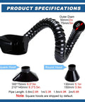 Rock Solid Adjustable Fume Extraction Arm Featuring 50 Mm Od Articulated Hose Plus 6.6 Ft Smoke Removal Pipe specifications showing square and round hoods.
