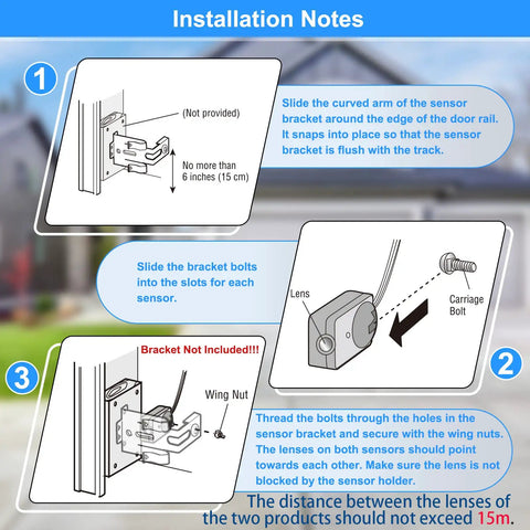 Installation guide for Garage Door Safety Sensor Beams Replacement For 1997 And Newer Openers showing bracket and alignment instructions.