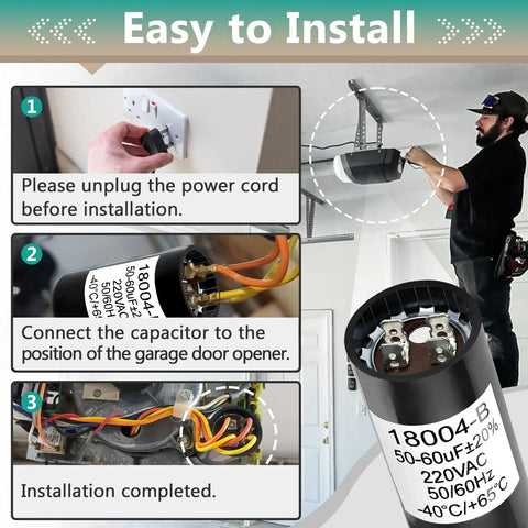 Starting Capacitor Replacement For 1/3 HP Garage Door Opener 50/60 UF 220V AC Black No Nonsense Fit For 18004B And 18004-B Openers Easy Install Durable Performance Residential Use