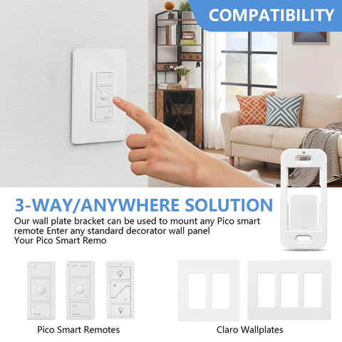 Hand using Pico Remote Wall Plate Brackets 4 Pack Snap In Installation Durable Wall Mount Compatible With Pico Remote in living room
