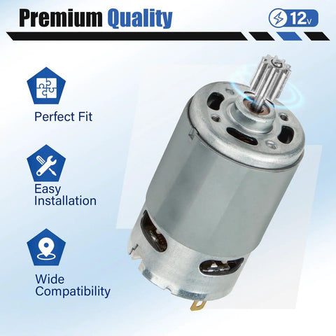 12V Gearbox Motor Replacement For Ride On Cars With 10 Tooth Pinion Installed in silver casing