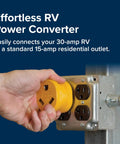 Hand using PowerGrip Heavy Duty RV 15 Amp Male To 30 Amp Female Electrical Adapter for easy grip and quick removal