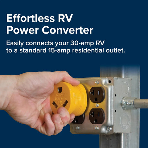 Hand using PowerGrip Heavy Duty RV 15 Amp Male To 30 Amp Female Electrical Adapter for easy grip and quick removal