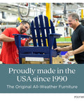 Two people assembling a blue chair with text reading 'Proudly made in the USA since 1990,' highlighting POLYWOOD furniture production.