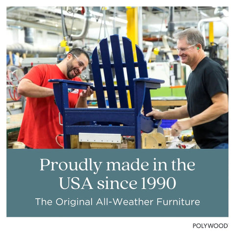 Two people assembling a blue chair with text reading 'Proudly made in the USA since 1990,' highlighting POLYWOOD furniture production.