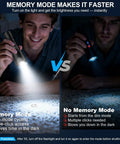 Comparison of Rechargeable Flashlight High Lumen Tactical LED Light With Memory Function vs No Memory, highlighting brightness and ease.