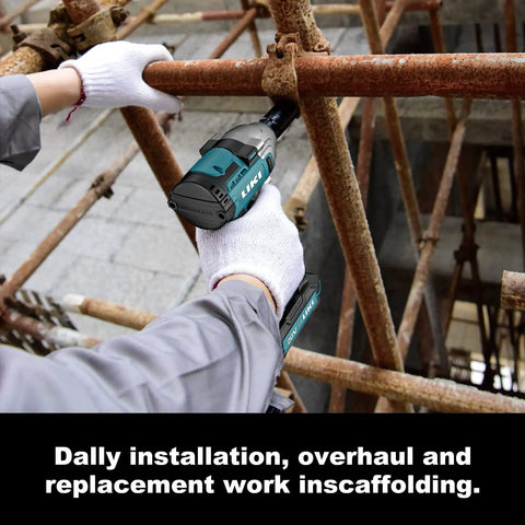 Worker using 1/2 Inch Brushless Cordless Impact Wrench Kit with 300 Ft Lb High Torque and 3000 RPM on rusted scaffolding.