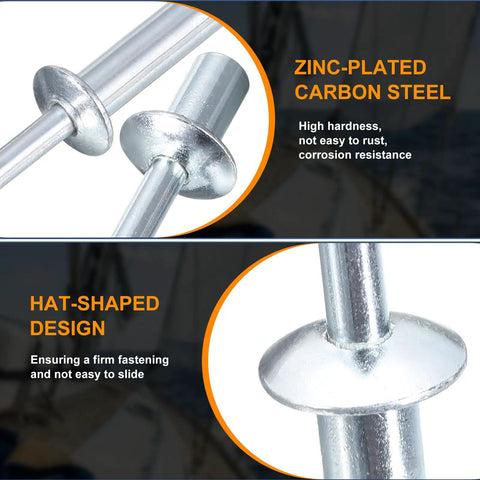 30 Piece Tough As Nails 1/4 Inch By 1/2 Inch Round Head Closed End Blind Rivets crafted from carbon steel featuring zinc-plated finish.