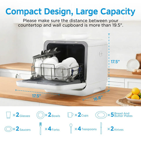 Self Contained Countertop Dishwasher With Built In Water Tank And Gentle Baby Care Mode showing capacity for dishes on countertop.