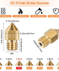 3D printer brass nozzles in 50 Piece 3D Printer Nozzle Cleaning Kit With MK8 Nozzles And Cleaning Needles, various sizes front and side view