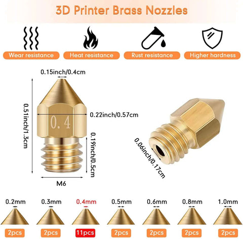 3D printer brass nozzles in 50 Piece 3D Printer Nozzle Cleaning Kit With MK8 Nozzles And Cleaning Needles, various sizes front and side view
