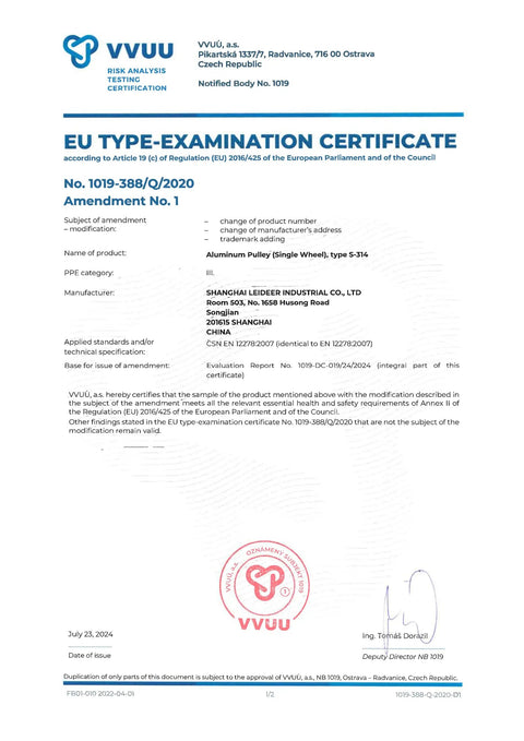 EU type-examination certificate for aluminum pulley with swing wheel, issued by VVUÚ, detailing product and manufacturer information.