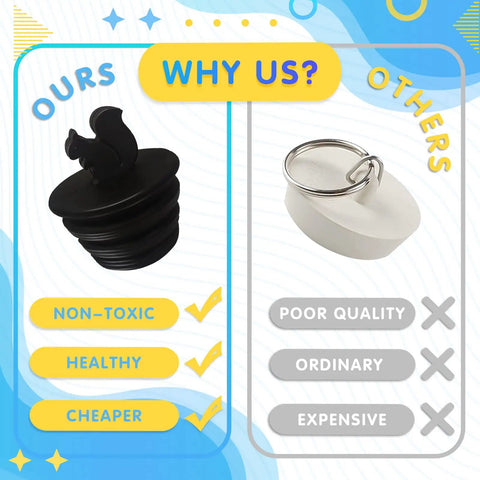 Comparison of Two Pack Black Silicone Tub Stopper Shaped Like A Squirrel with a basic white stopper