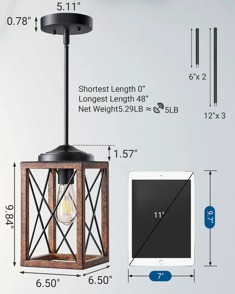 Farmhouse Pendant Light With Metal Frame And Wood Grain Finish, dimensions and parts display, 48 Inch Adjustable Pipe Suspension