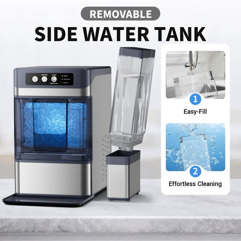 Heavy Duty Countertop Nugget Ice Maker Spits Out Chewable Ice Fast With Built In Water Tank, showing removable side water tank.