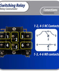 Heavy Duty DPDT Relay For HVAC Fan Control, 208-240V Coil, diagram of connections with NC and NO contacts