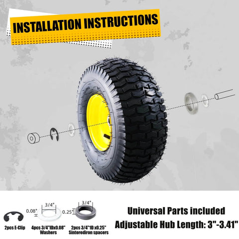 15x6.00-6 Tubeless Lawn Mower Tire And Wheel Assembly Front Replacement For John Deere And Other Riding Mowers Four Ply Pneumatic Three Inch Offset Hub Three Quarter Inch Bearings Two Piece Set Not For Highway Use 700 Lb Load Capacity installation instructions