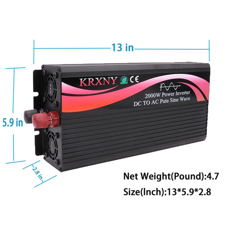 2000W Pure Sine Wave Inverter Rock Solid 48V DC To 110V AC 60Hz With LED Display Off Grid Solar System Ready Smooth Home Power Like Utility 4000W Peak Handles Surges For RVs Boats Campers And Power Hungry Appliances with dimensions 13x5.9x2.8 inches.