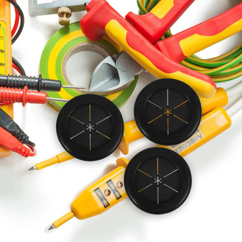 Black Rubber Grommet Kit For Cable Management With Dual Sided Buckle Design, Fire Resistant And Waterproof Desk Hole Cover For Office And Home Use, Includes Four Pieces. Three black rubber desk grommets with tools and cables on white background.