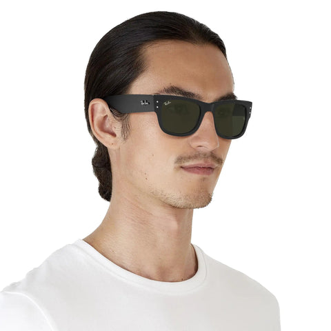 Unisex Mega Wayfarer Square Sunglasses Black Green Frame Not Polarized Medium 51mm 21mm Bridge worn by person in white shirt