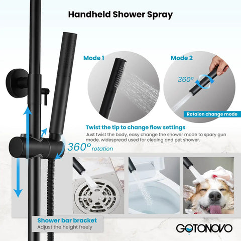 Outdoor Shower Kit With 304 Stainless Steel 8 Inch Shower Head And 2 In 1 Cylinder Handheld Spray Dual Function Easy Install Wall Mount Faucet Matte Black Weatherproof Finish showing dual function modes and adjustable bracket