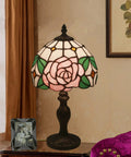 8 Inch Tiffany Style Pink Rose Table Lamp For Girl Bedroom Bedside Nightstand Decor Stained Glass Lamp With Bronze Vintage Base Romantic Gift For Girlfriend Or Lover Cozy Accent Lighting