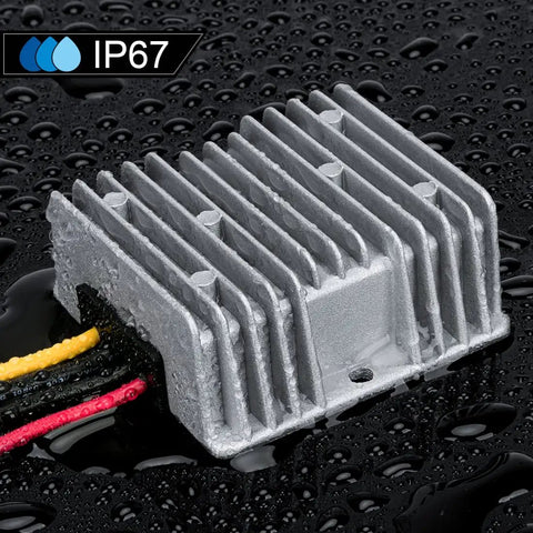48V To 12V DC-DC Step-Down Regulator Converter 360W 30A Waterproof IP68 Module for golf carts shown wet on black surface