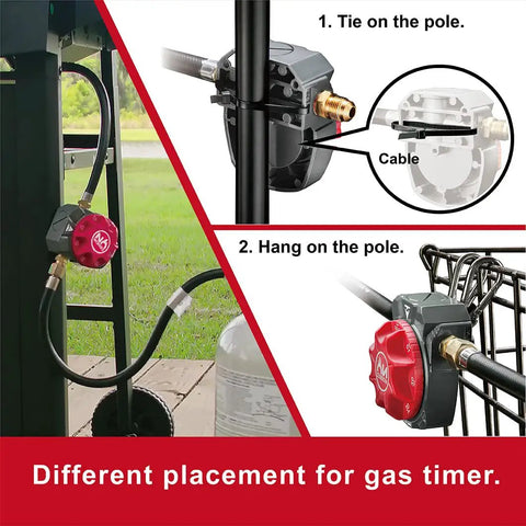 Safety Auto Shut Off Gas Timer For Propane And Natural Gas With 0-60 Minute Preset, shown installed on grill and fire pit