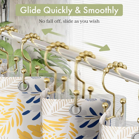 Gold Shower Curtain Hooks Rings 12 Pack Double Glide Stainless Steel Rust Resistant on bathroom rod with floral curtain
