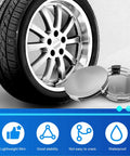 Heavy Duty Snap In Wheel Center Caps 4 Pack Universal Hub Covers with shiny silver design near car wheel, waterproof and robust.