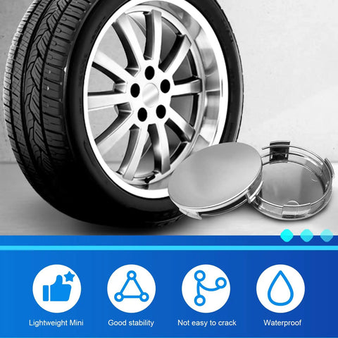 Heavy Duty Snap In Wheel Center Caps 4 Pack Universal Hub Covers with shiny silver design near car wheel, waterproof and robust.