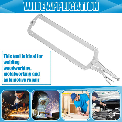 Image showing Two Pack 24 Inch Locking C Clamp With Large Opening Jaws And Adjustable Pliers With Grip Swivel Pads Alloy Steel Construction For Shop Home Farm Auto Workshop And Woodworking Repairs Silver, highlighting its application in welding and woodworking.