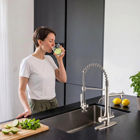 GIMILI 3 in 1 Commercial Kitchen Faucet with Water Filter System in brushed nickel, woman drinking water with lemon.