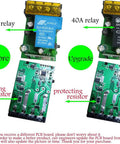 Long Range Wireless Remote Control Switch Kit showing upgrade from 30A relay to 40A relay, highlighting protecting resistors.