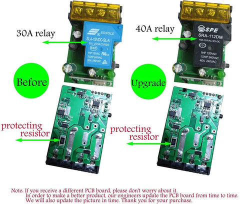 Long Range Wireless Remote Control Switch Kit showing upgrade from 30A relay to 40A relay, highlighting protecting resistors.