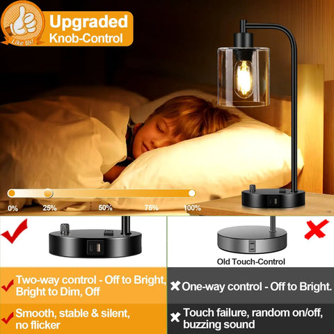 Set Of 2 Industrial Table Lamps With USB C And USB A Ports And Outlet, shown by a bed with one lamp illuminated.