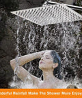 High Pressure Stainless Square Rain Shower Head With Arm Delivers Full Body Coverage And Soothing Waterfall, woman enjoying shower