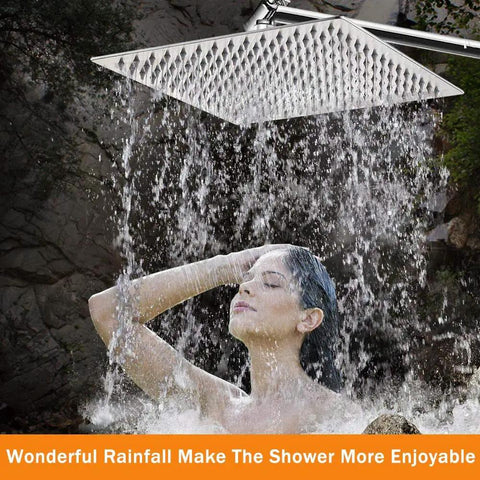 High Pressure Stainless Square Rain Shower Head With Arm Delivers Full Body Coverage And Soothing Waterfall, woman enjoying shower