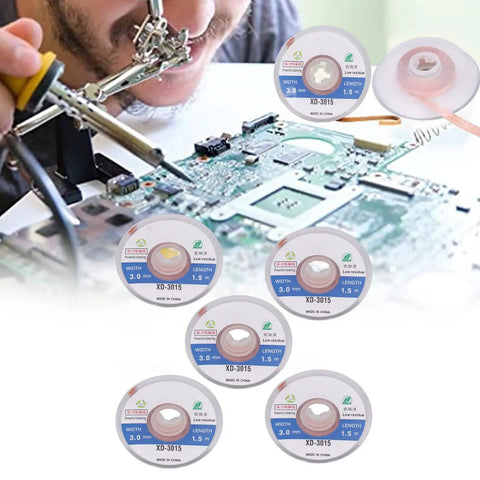 Technician using Pro Grade Solder Wick Desoldering Braid 5 Pack No Clean Copper For PCB Repair And BGA Rework 3mm Width 1.5m Length