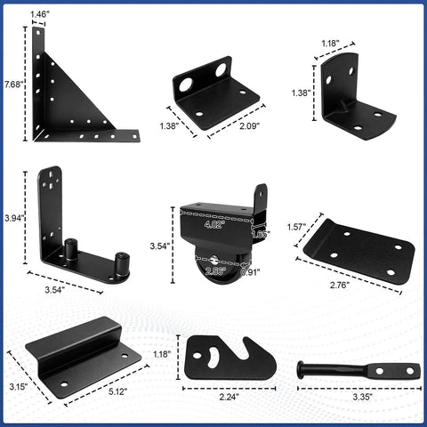 Sliding Gate Hardware Kit For Wood Gates 1.5 to 2 Inches Anti Sag Beefed Up With Galvanized Steel Track Frame And Reinforced Corner Braces For Stable, Deformation-Resistant Performance Easy Install measurement chart of black steel brackets and rollers