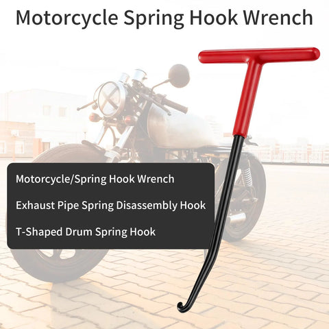 Exhaust spring puller tool set, 2-piece, with red T-handle, black shaft, and curved hook