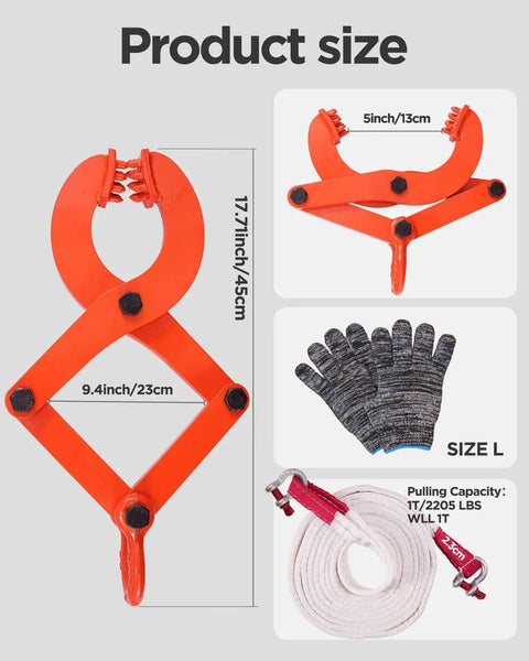 Heavy Duty 1 Ton Pallet Puller Clamp Kit With Two Steel Hooks Thirteen Point One Foot Tow Strap And Work Gloves product diagram