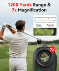Golf Range Finder With Slope, Flag Lock And 1200 Yard Range, 7X Magnification showing use on golf course