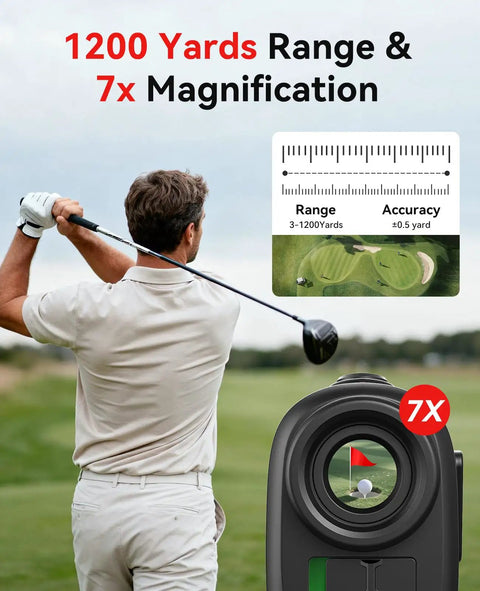 Golf Range Finder With Slope, Flag Lock And 1200 Yard Range, 7X Magnification showing use on golf course